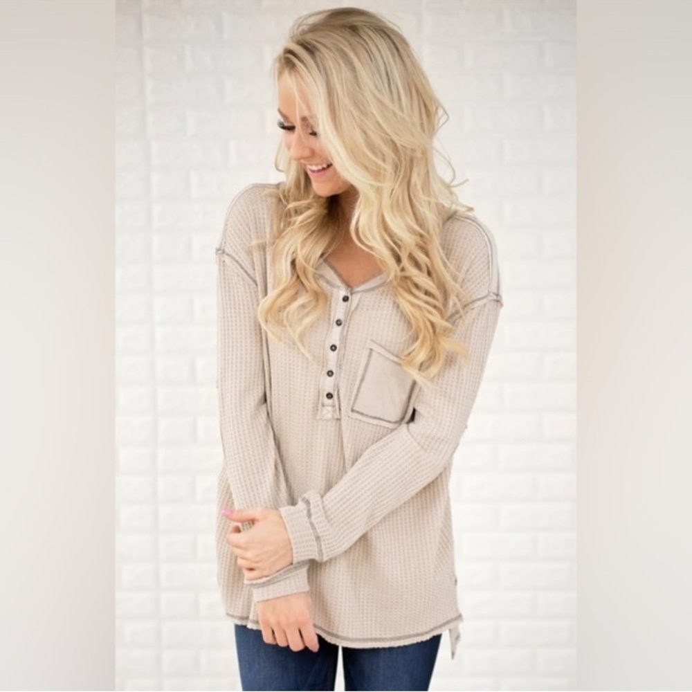 Vici Cream Waffle Knit Henley Top